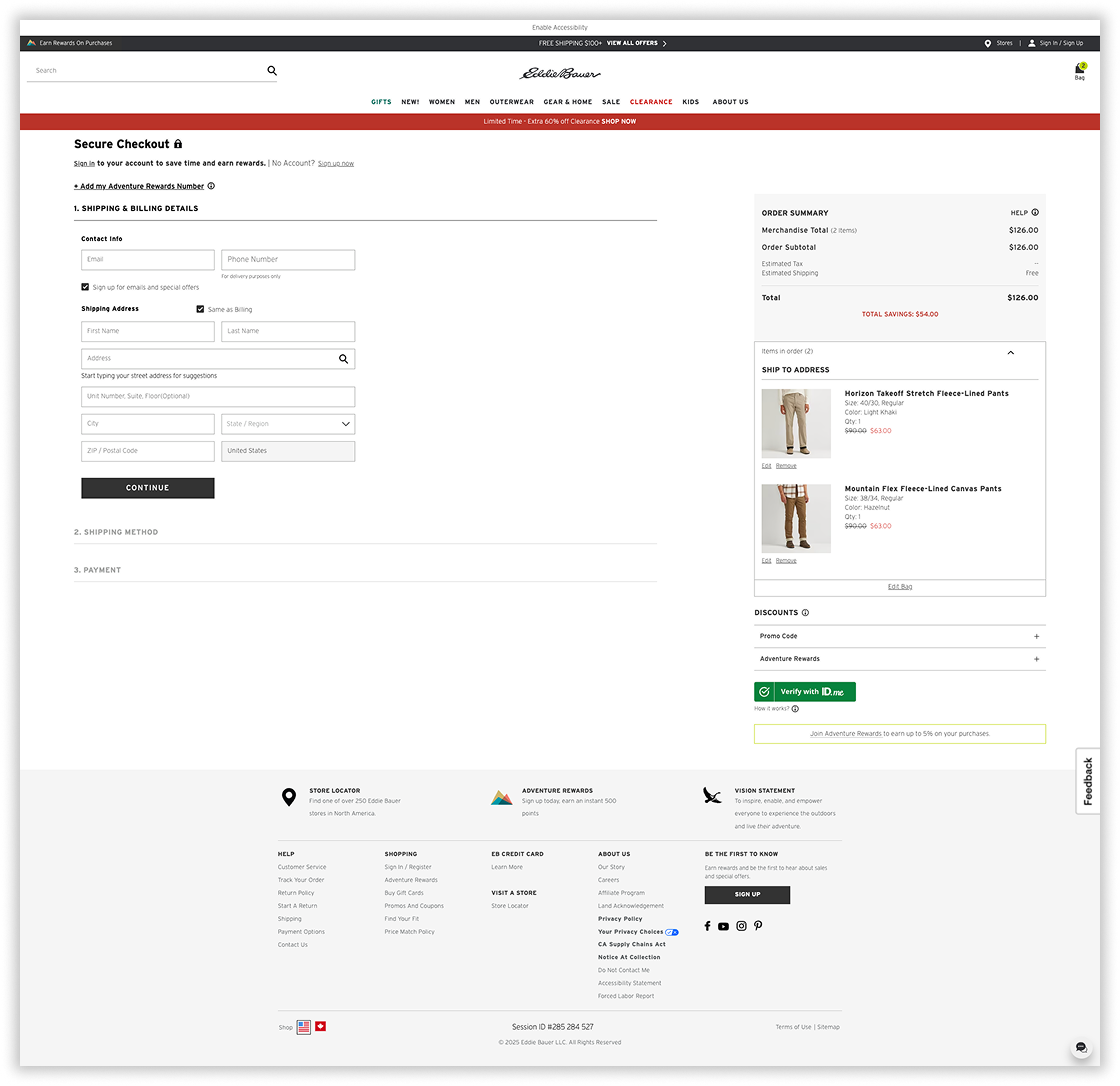Checkout — Eddie Bauer screen