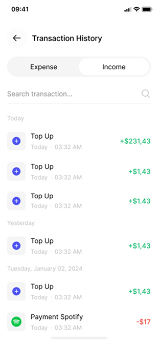 Transaction history screen