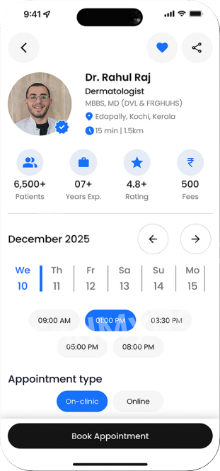 Doctor profile and appointment choice — MyDoc screen