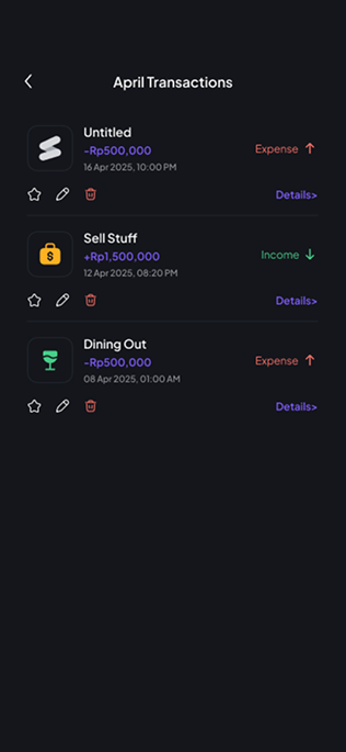 Transaction history — SmartFin screen