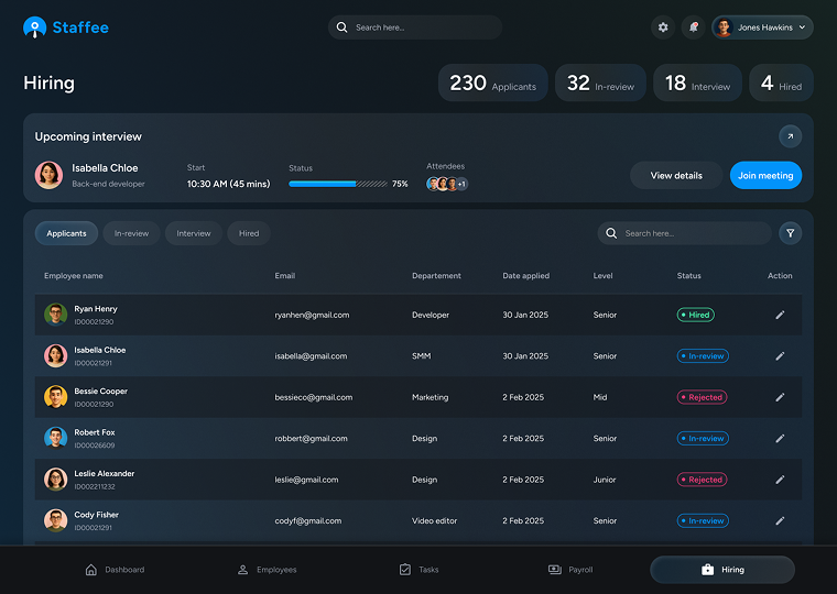 Hiring — Staffee screen