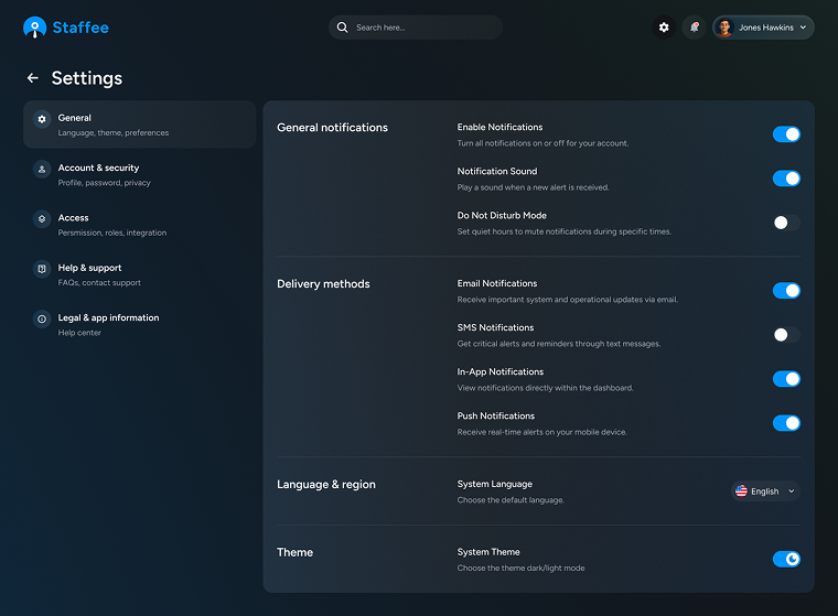 Settings — Staffee screen