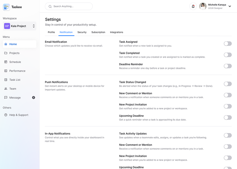 Notification settings — Taskee screen