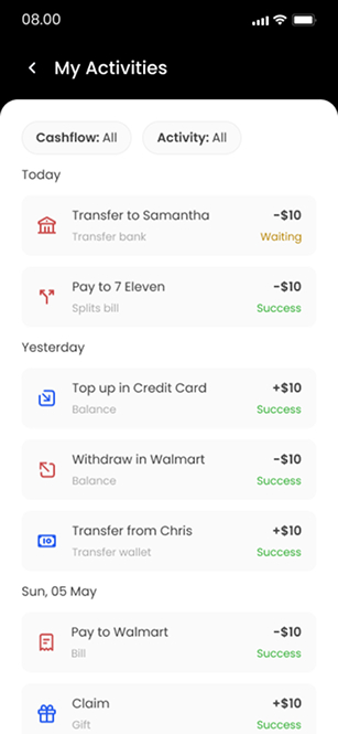 Activity history — ZapPay screen