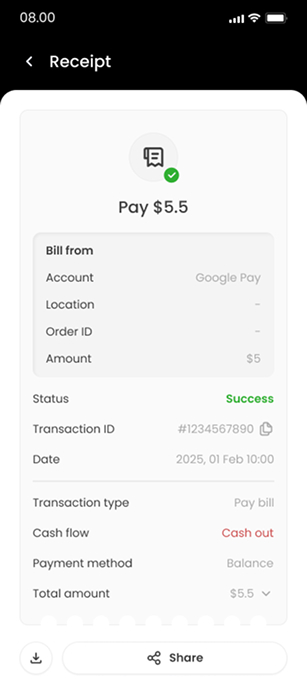 Bill-payment receipt — ZapPay screen