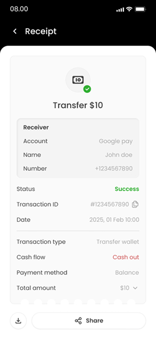 Transfer receipt — ZapPay screen