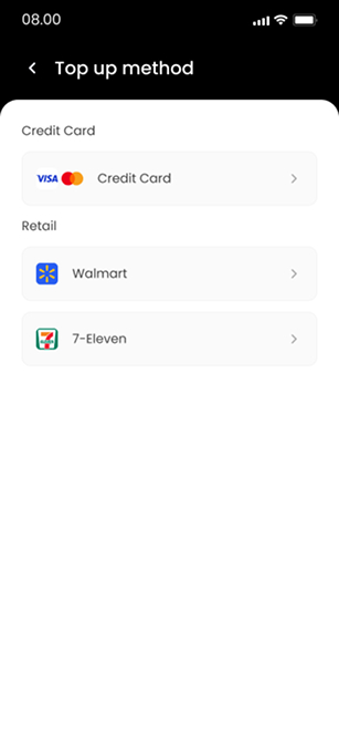 Top-up methods — ZapPay screen