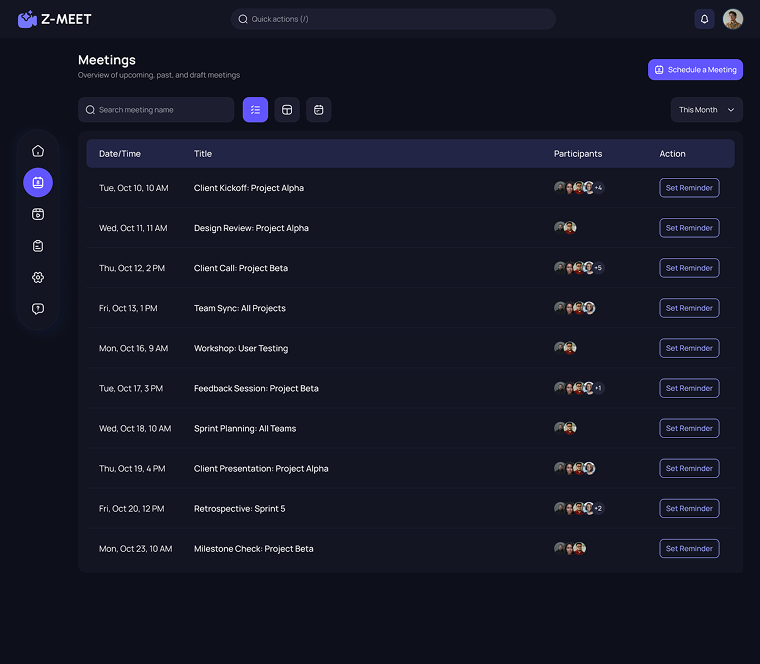 Meeting list — Z-Meet screen
