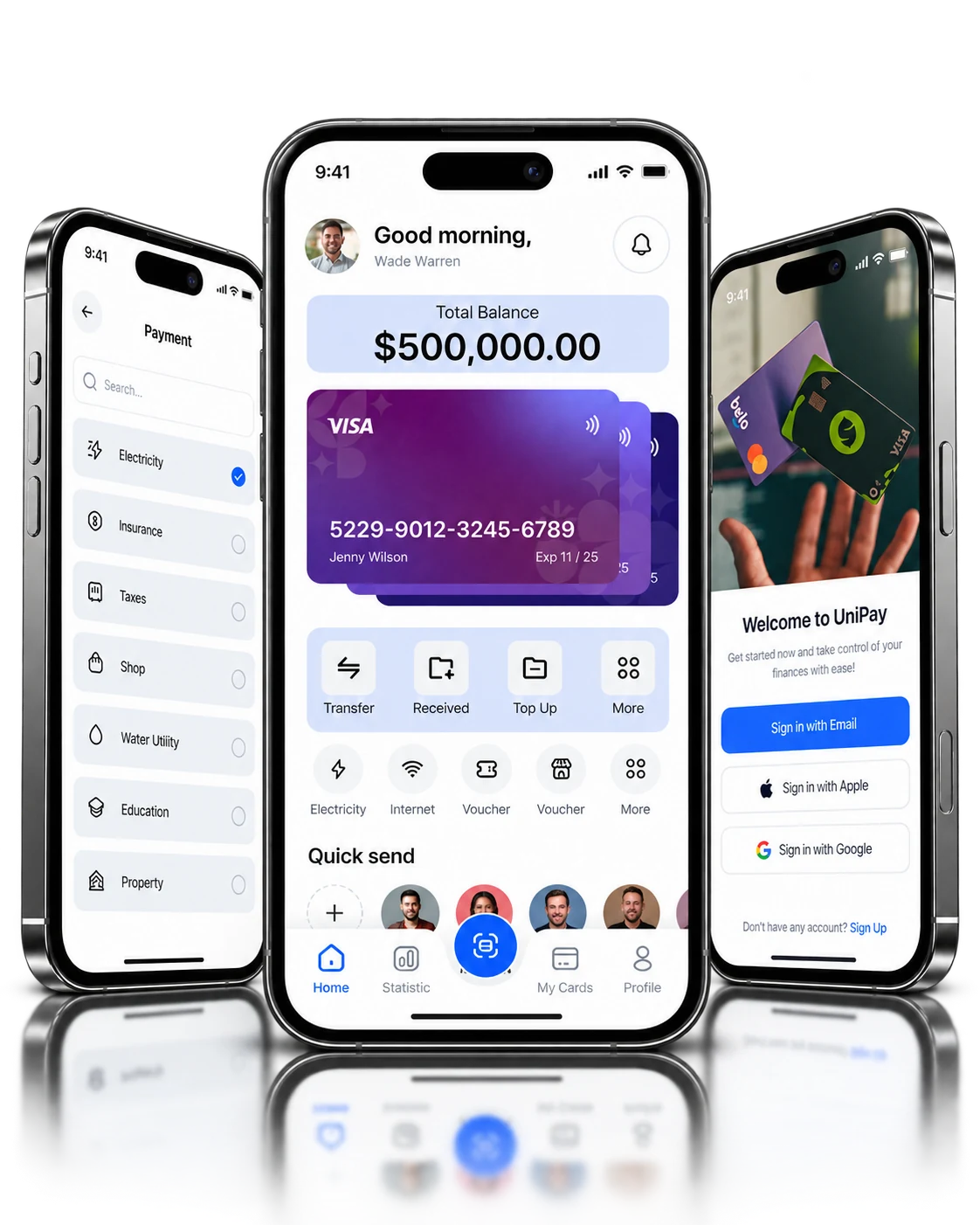 UniPay account and payment screens