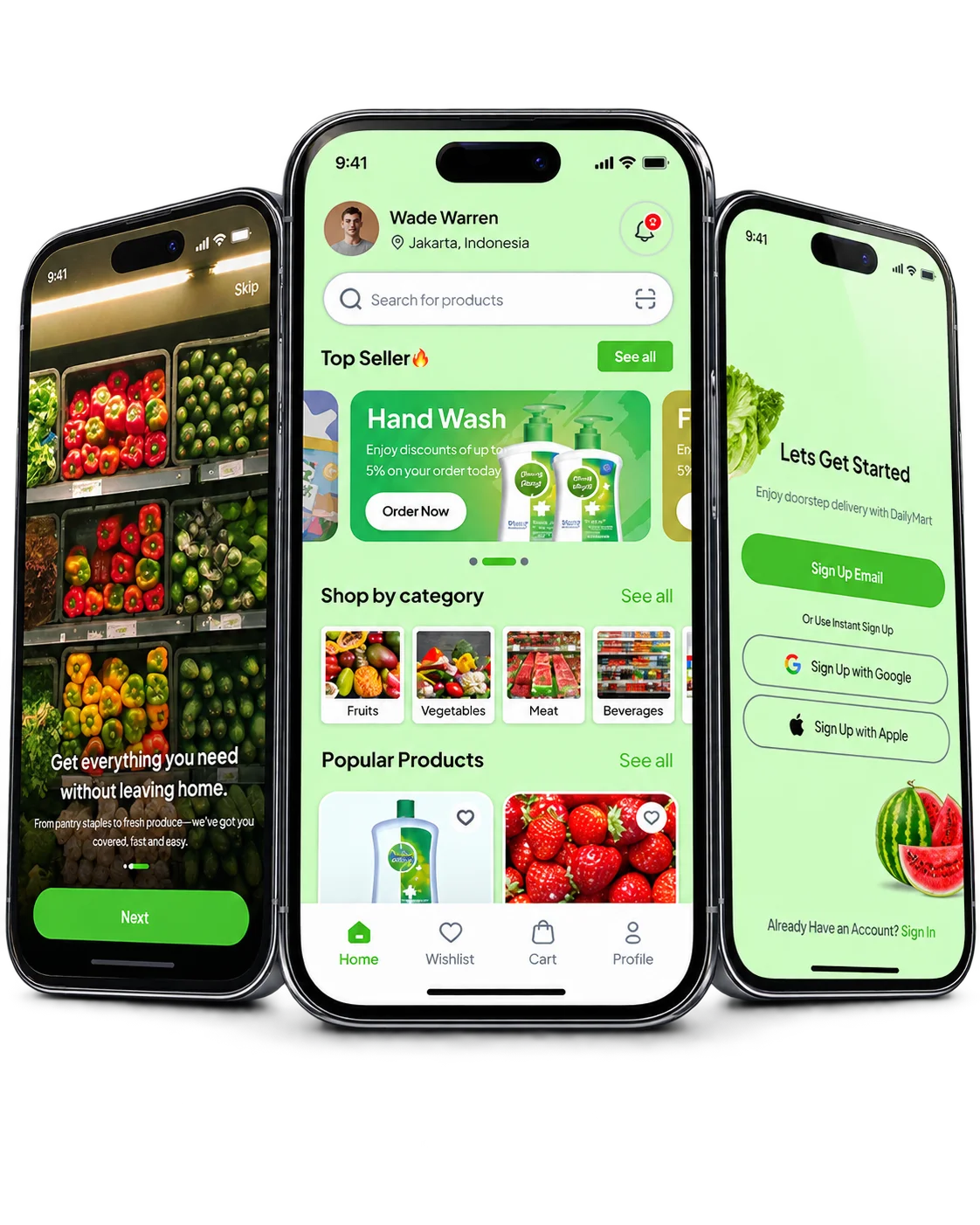 DailyMart grocery shopping app screens
