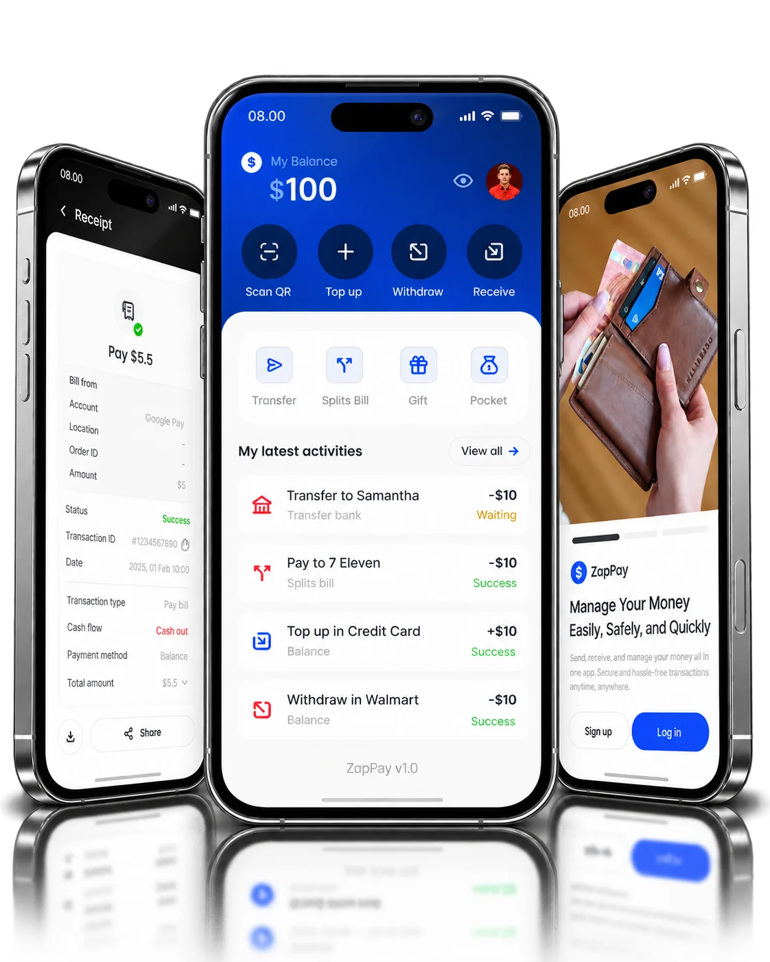 ZapPay mobile app screens
